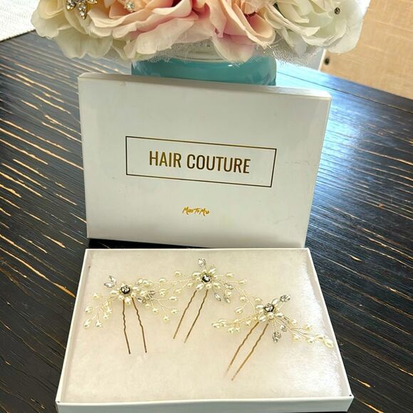 Hair Couture Pearl & Rhinestone Jewel wedding formal occasion Hair Pins set of 3 main image 4